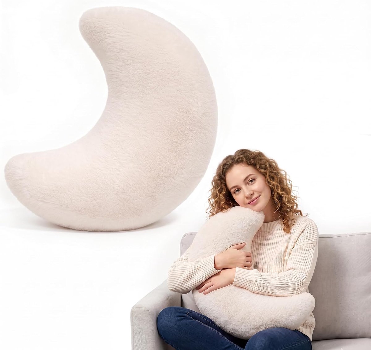 Knuffelkussen maan 50 x 40 cm - pluche katoen - zacht en wollig - ideaal voor kinderkamer - ShopVlot
