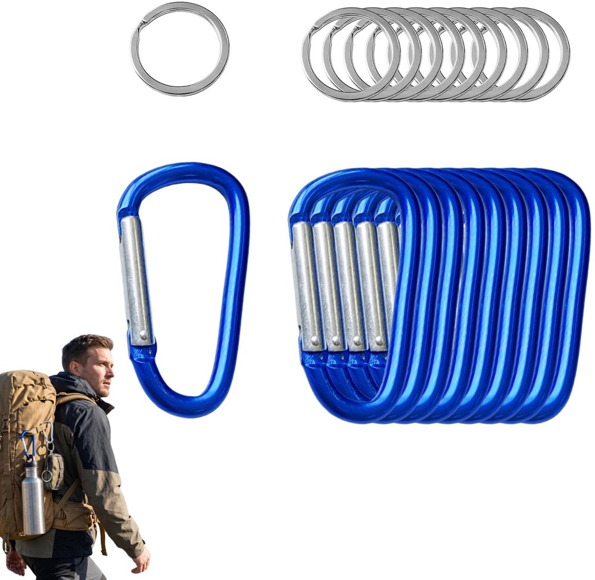 Solidchoice - Set van 10 Aluminium Carabiner Haken met Stalen Ringen