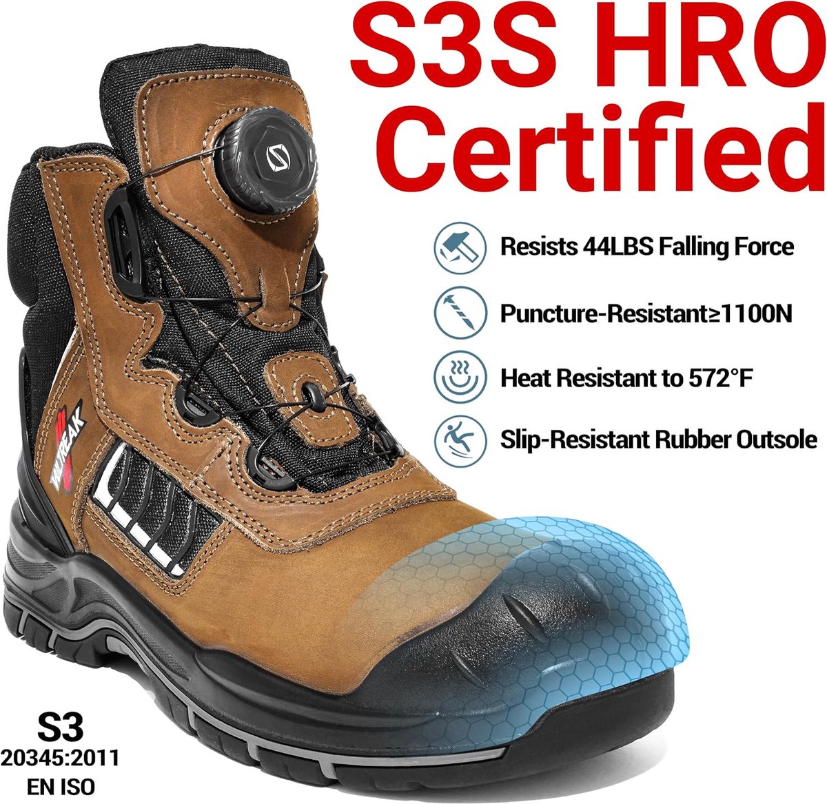 S3 HRO SRC Veiligheidsschoenen, veiligheidsschoenen met stalen neus, comfortabel, antislip, Geel, 46 EU - ShopVlot
