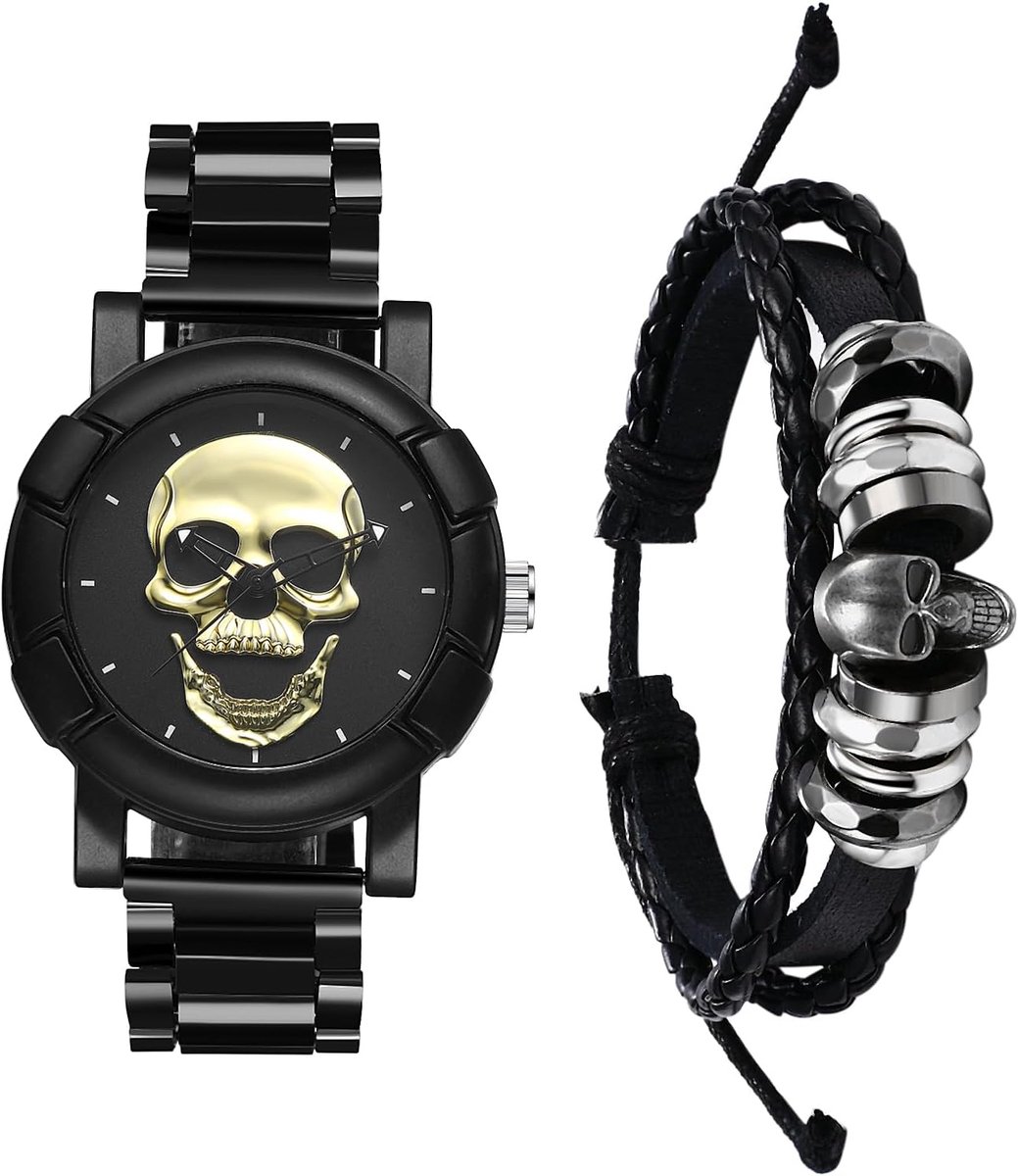 Avaner Watches Men's Leather Bracelet Halloween: Steampunk Watch Bracelet Set Skull Skull Wrist Watch Genuine Leather - ShopVlot