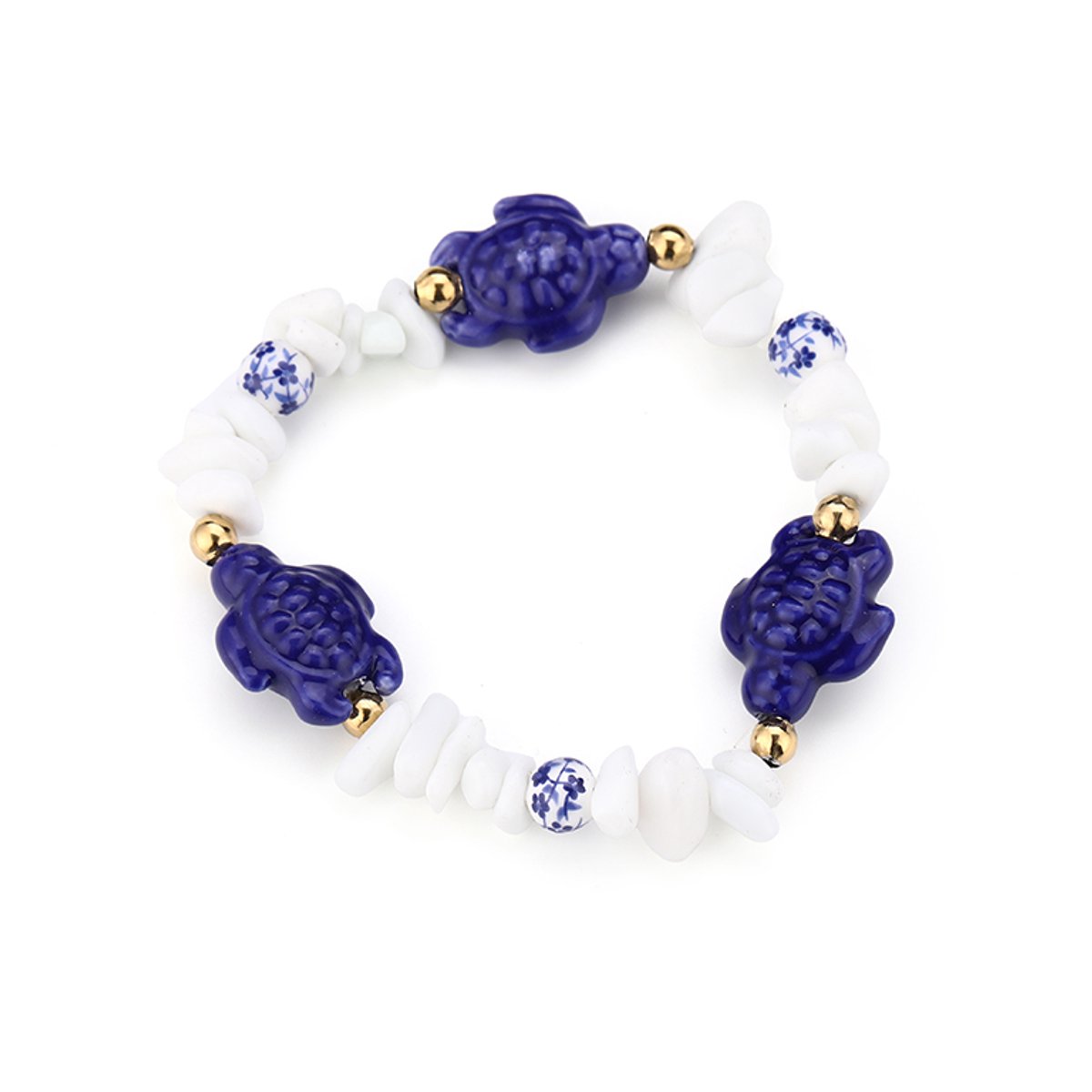 Matthew Studio® Armband Dames - Kralen Armband - Blauwe en Witte Kralen - Schildpadjes - RVS