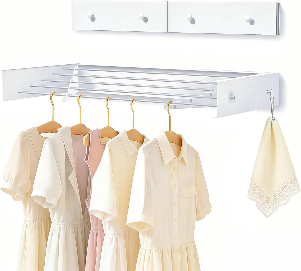 Drying rack, wall mounted carbon steel, 60 cm, extendable clothesline with 4 hooks, load capacity 25 kg, space-saving - ShopVlot