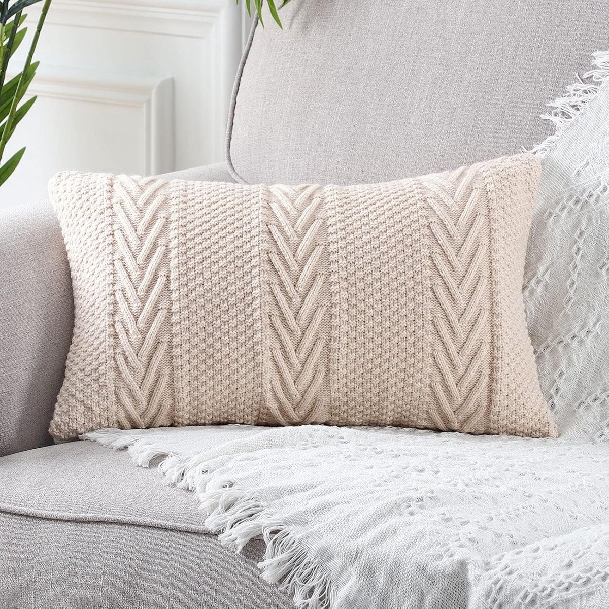 Decoratieve Kussenhoezen 12 x 20 inch - Beige Gebreid Katoen - Luxe Modern Design - Perfect voor de Woonkamer - ShopVlot