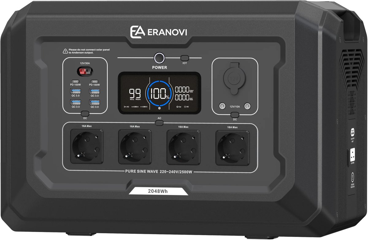 Eranovi Core 2500 - Powerstation 2048 Wh / 2500 W - draagbaar noodstroom accu station - geschikt voor zonnepaneel (solar input) - AC, USB-C, USB-A en auto-uitgang - in 2 uur opgeladen - display, verlichting en app - 3 jaar garantie