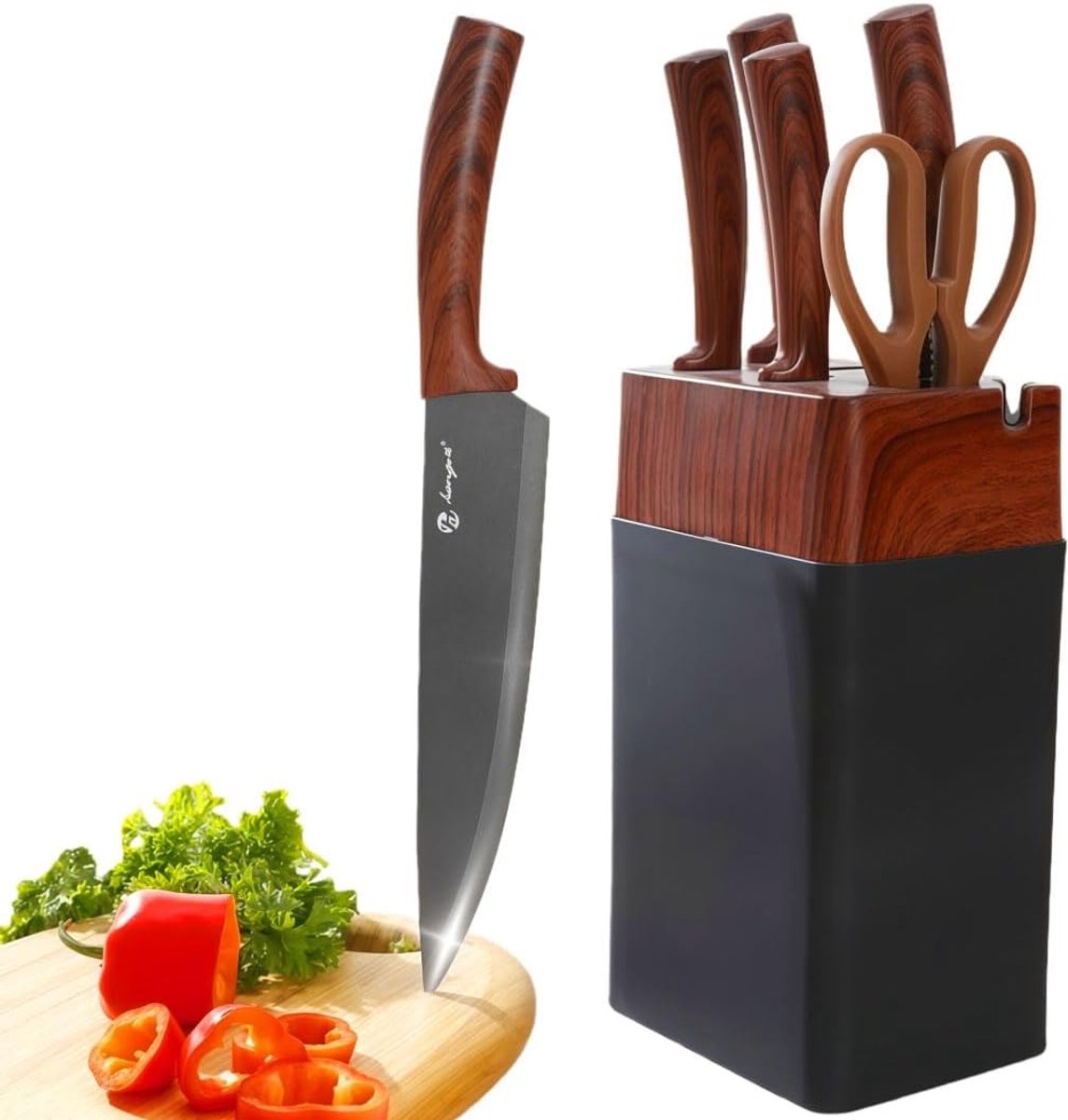 Messenset met Messenblok - Espresso-bruin - 7-delig - Hoogwaardige Roestvrijstalen Messen met Ergonomische Handgrepen - Voor Professionele Koks