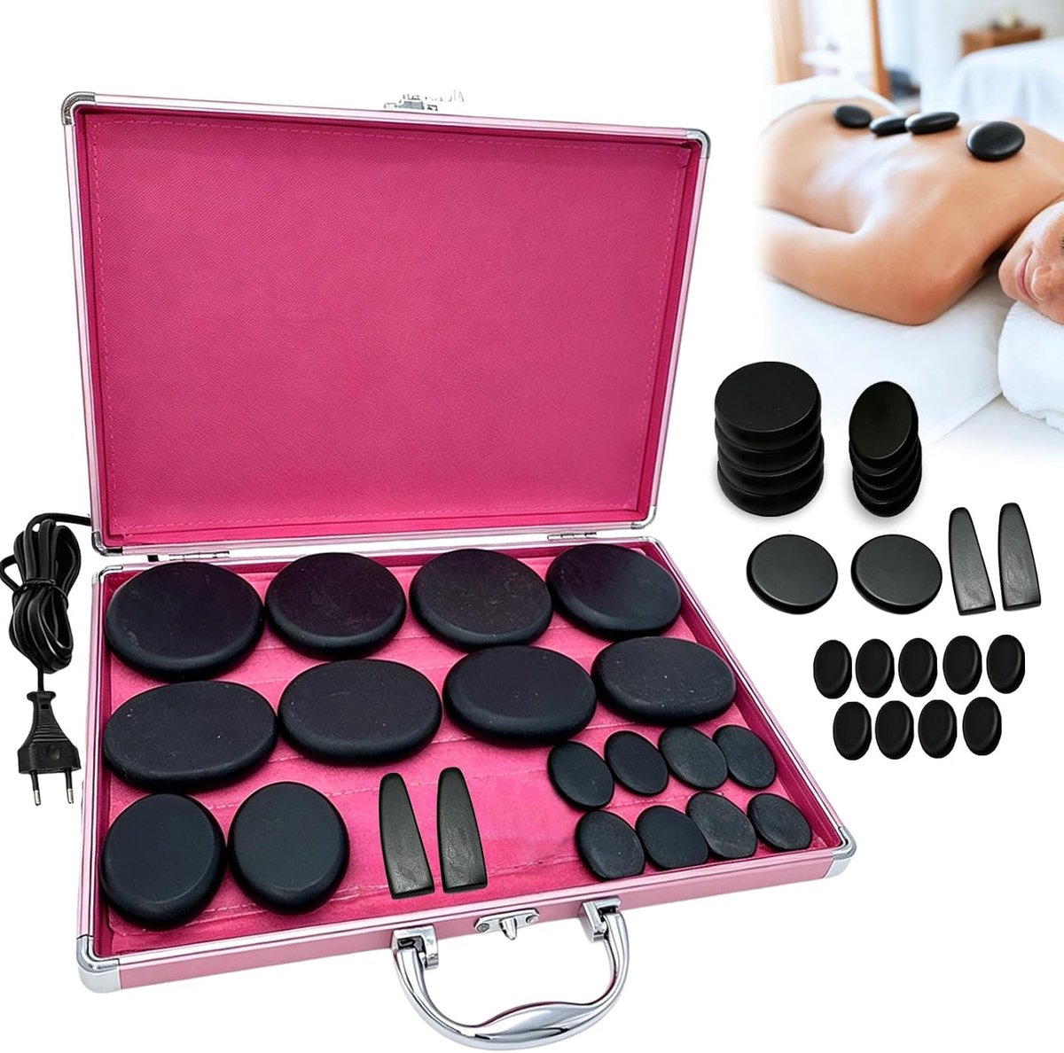 Hot Stone Massageset 21 stuks - basalt in verwarmingskoffer - draagbaar - ontspanning en spa-behandeling - ShopVlot
