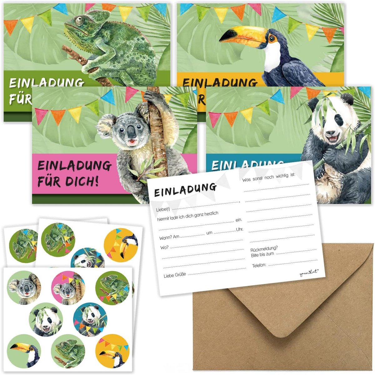 Uitnodigingskaarten kinderen 12 stuks - jungledieren met enveloppen - met 24 bijpassende stickers - ShopVlot