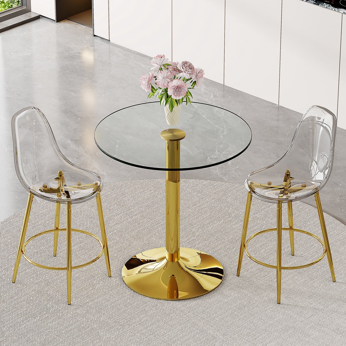MODFU Barset - Glazen Tafel - 2 Barkrukken - Goud - Transparant