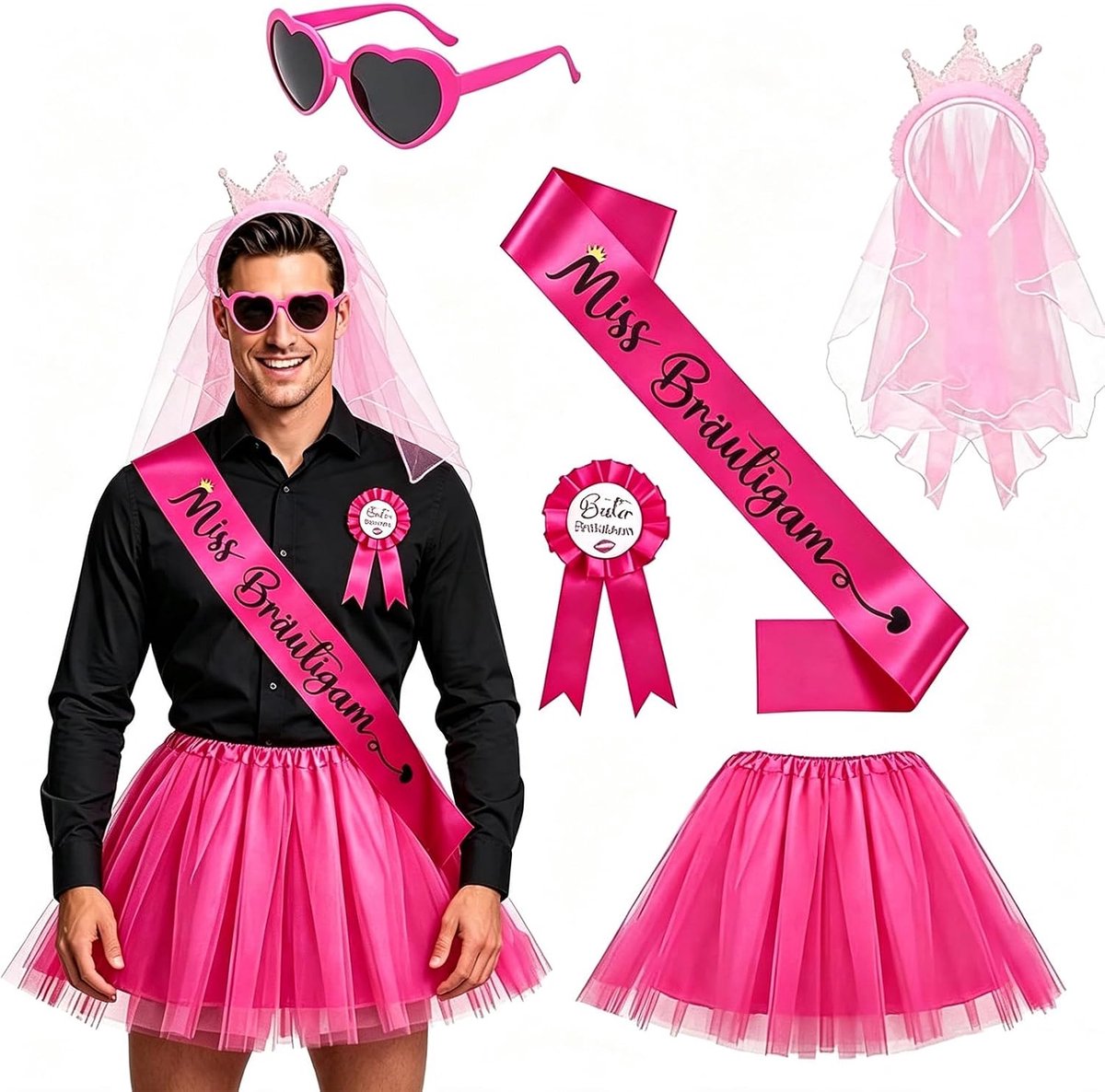 Herenkostuum vrijgezellenfeest - 5-delige set - tutu, sjerp en badge - voor de bruidegom - ShopVlot