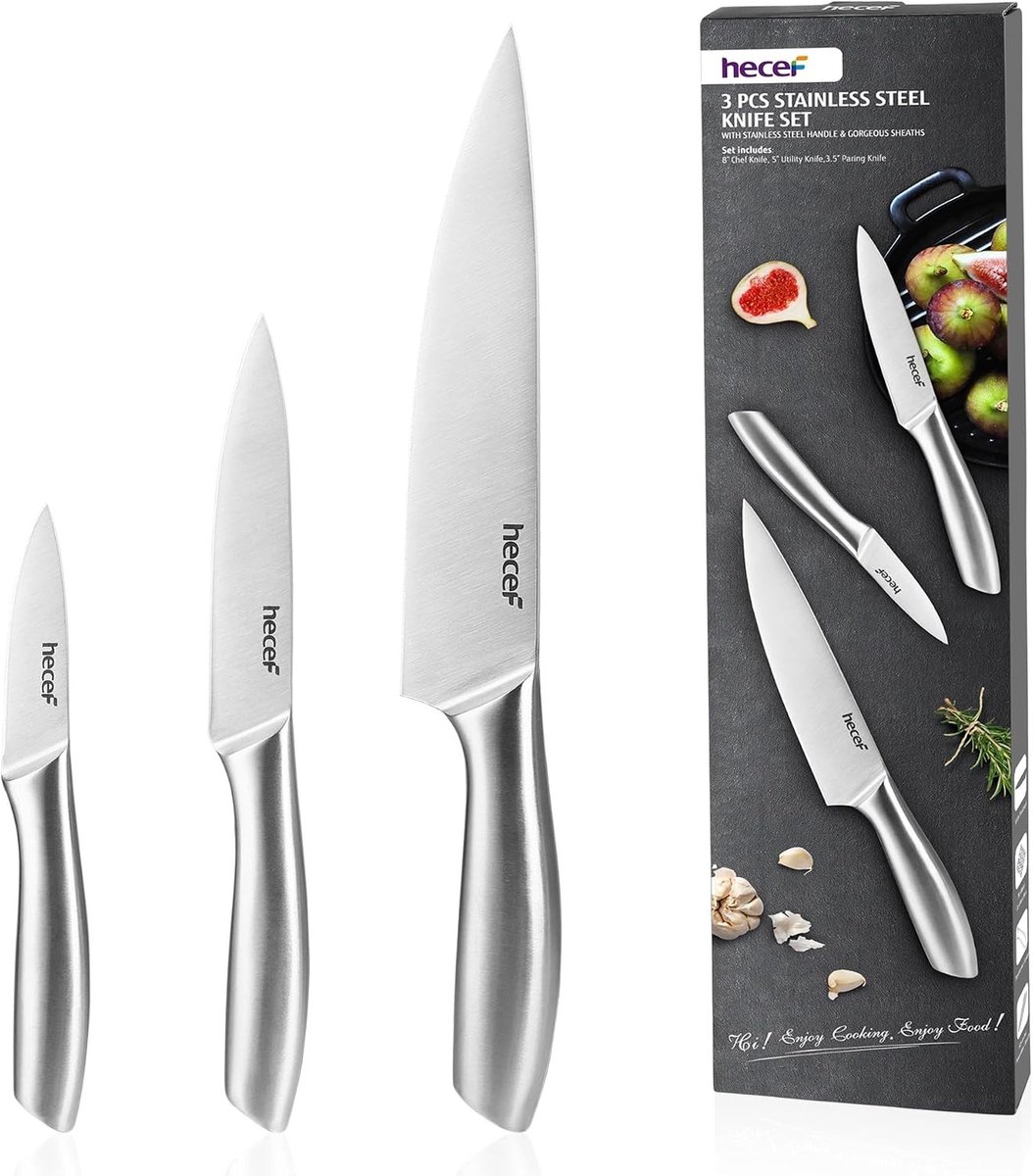 Messenset - Zilver - 3-delige - Roestvrijstalen Keukenmessen met Ergonomisch Handvat - Voor Thuis Koks