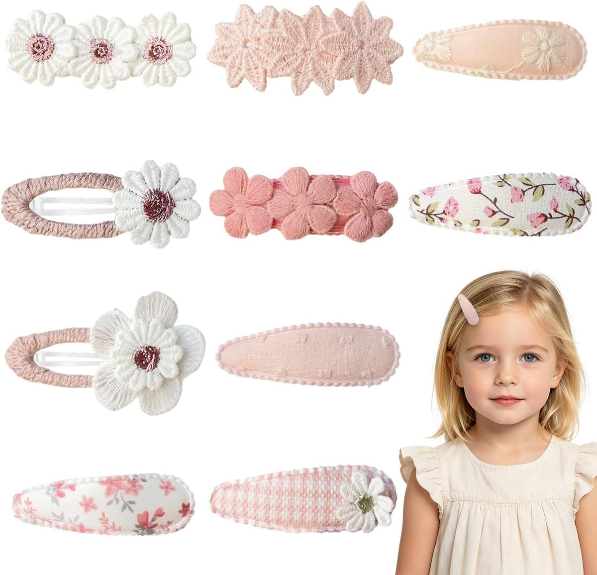 Haarspelden set 10 stuks - Handgemaakte bloemen haarclips - Geborduurde madeliefjes barrettes - ShopVlot