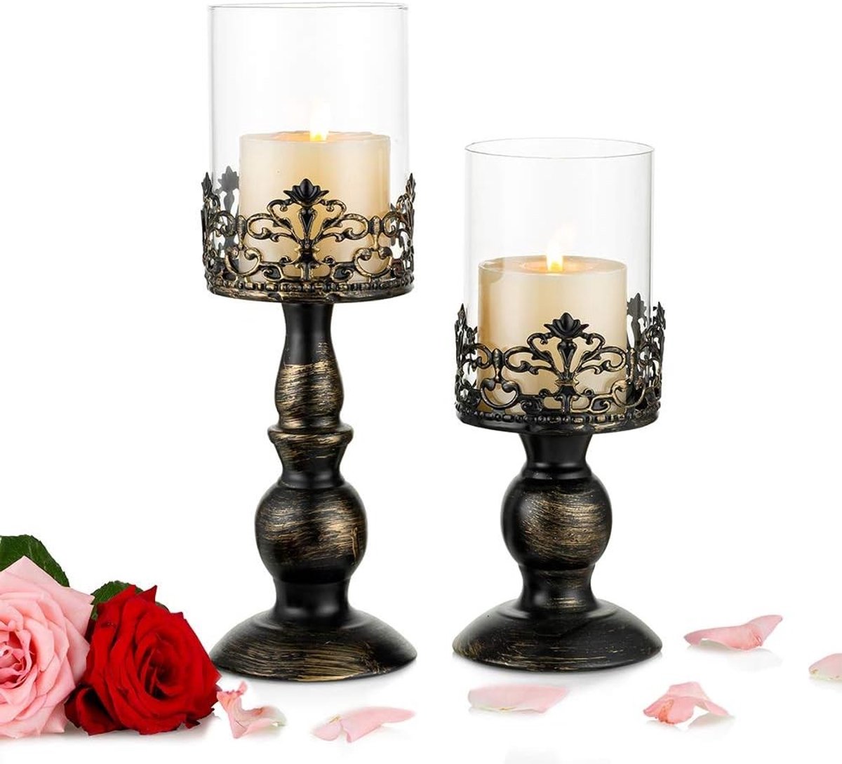 Set van 2 Kandelaars voor Pilaarkaarsen - Zwart - Hoogte 26,8 cm en 33 cm - Antieke Metalen Kandelaar met Glazen Schermkap - Voor Thuisdecoratie