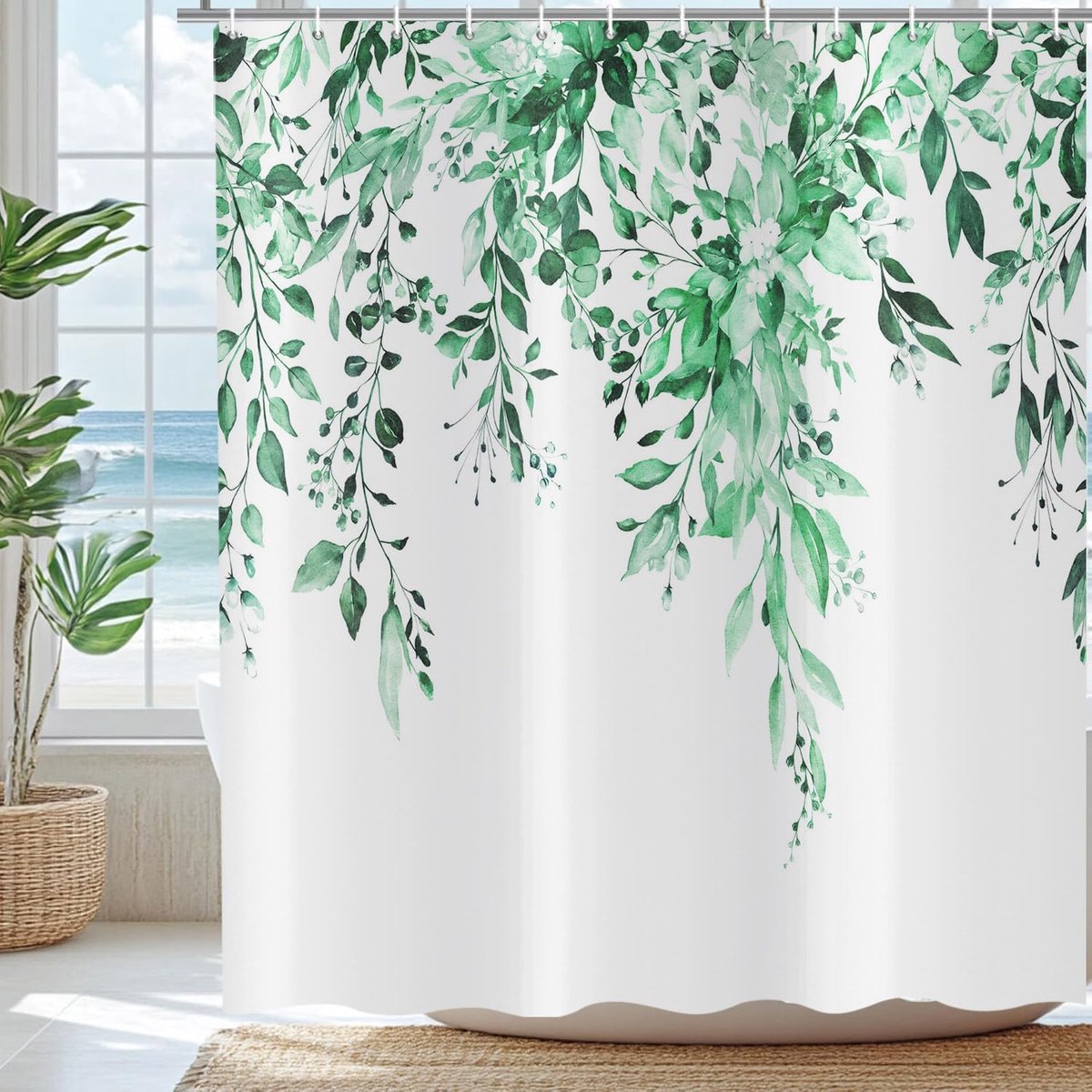 Douchegordijn 180 x 220 cm - Smaragdgroen Eucalyptus - Aquarel bladeren met bloemen - Waterdicht en wasbaar - ShopVlot