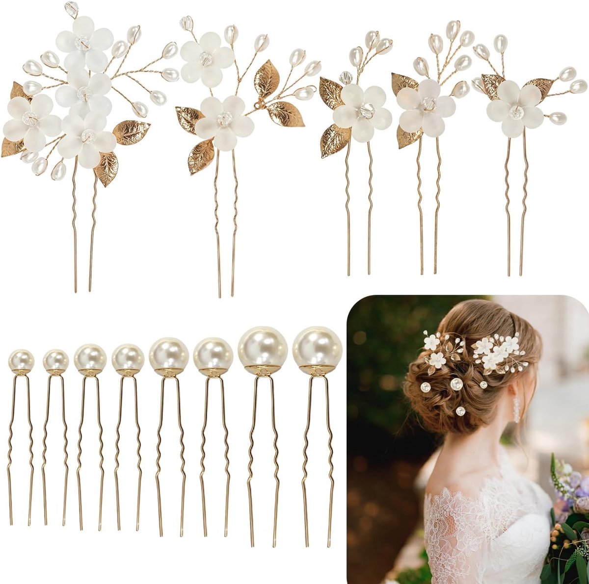 Haaraccessoires set 13-delig - gouden haarspelden met parels - bloemen en bladeren - elegant voor bruiden - ShopVlot
