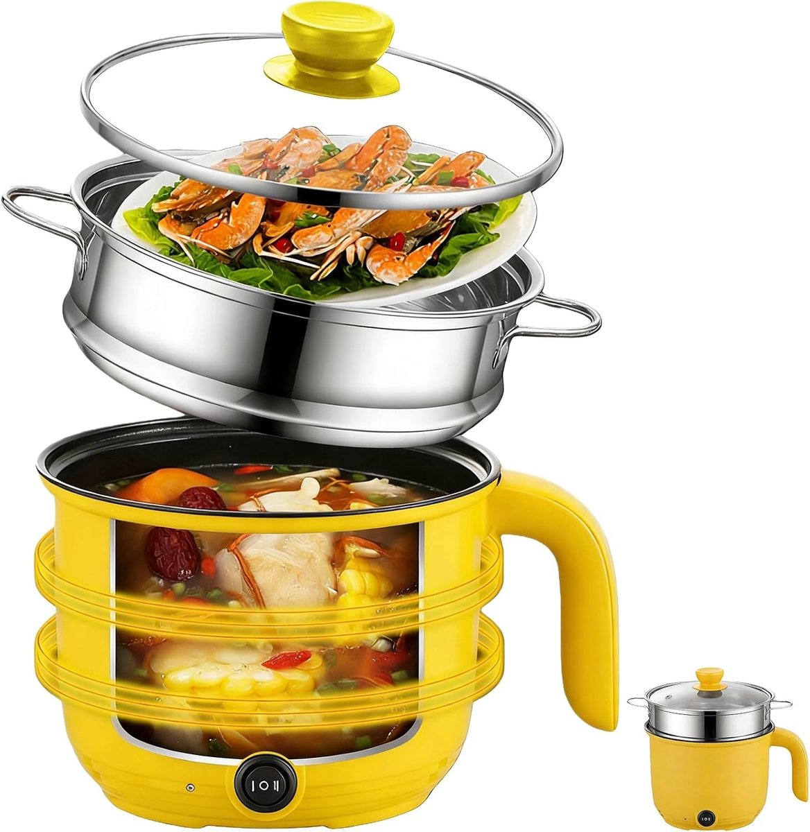 Elektrische Kookpot - Geel - 1,5 l - Multifunctionele Snelle Kookpan met Roestvrijstalen Stoommand - Voor Thuis, Kantoor en Studenten