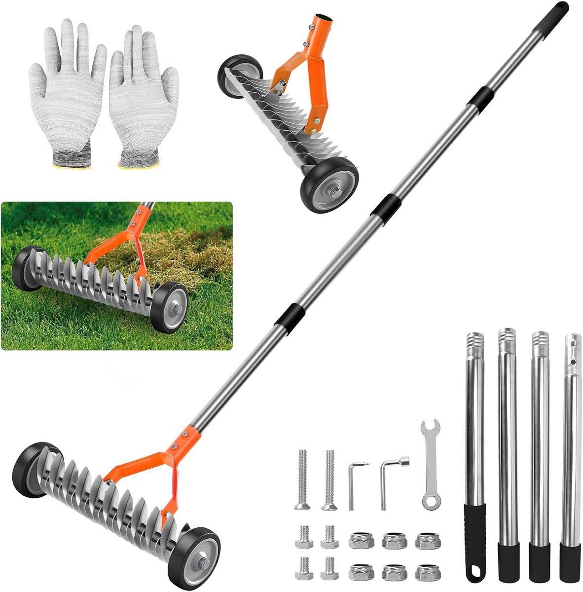 Lawn rake met wielen 32 cm - oranje - handonkruidhark - verwijdert mos en dode gras - ShopVlot