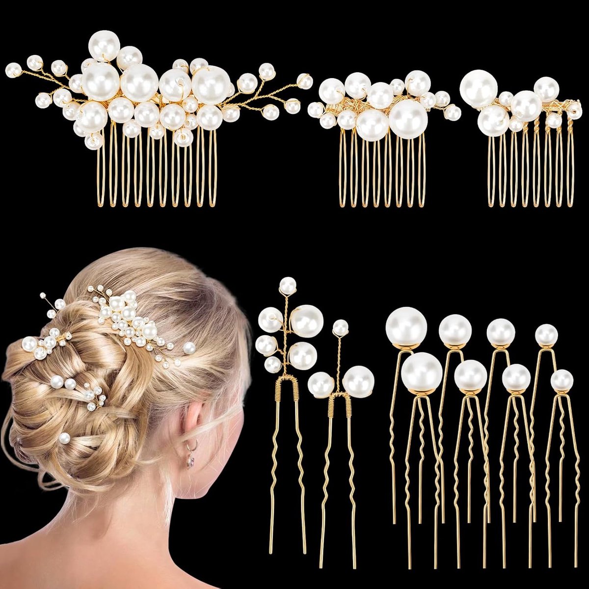 Haaraccessoires bruid 13 delig - parels en bloemen - gouden haarspelden - perfect voor speciale gelegenheden - ShopVlot