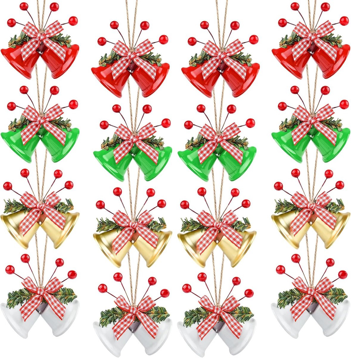 Kerstbel Ornamenten Set van 12 - Met Hulststrik - In Rood, Groen, Goud en Wit - Voor Kerstboomdecoratie - ShopVlot