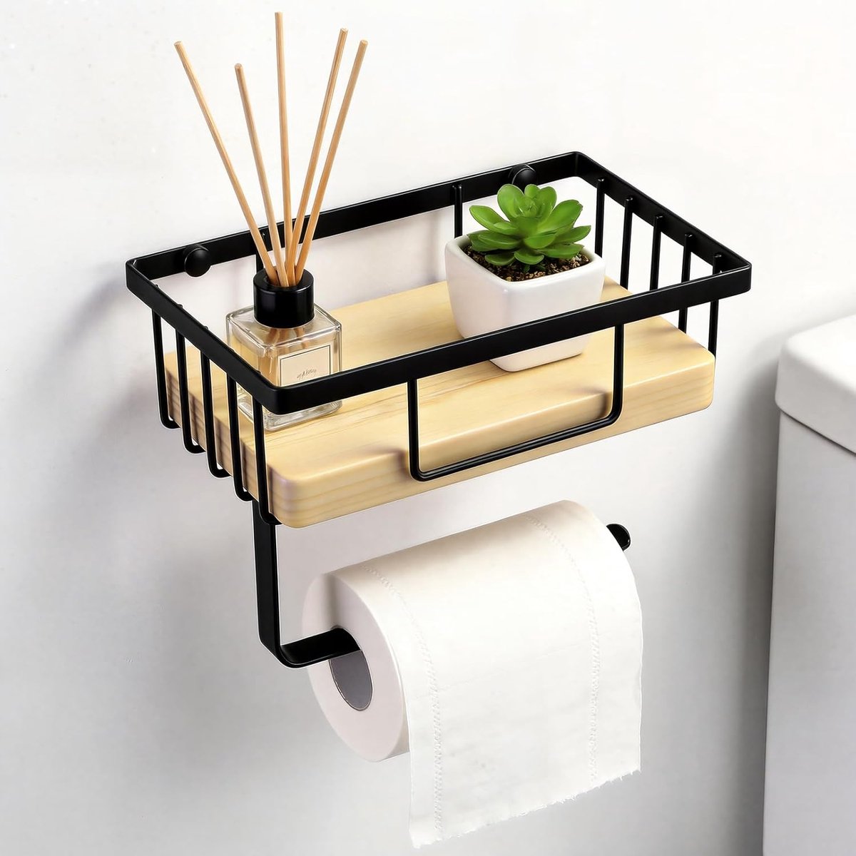 Toiletpapierhouder zonder boren - zwarte metaal en bamboe - met opbergplank - ideaal voor badkamer - ShopVlot