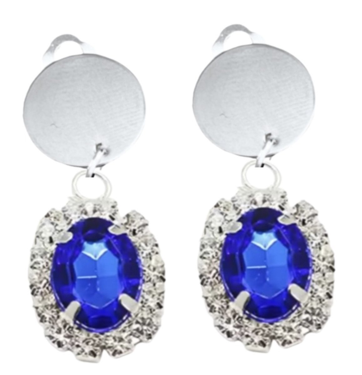 Clip oorbellen -Blauw Strass zilverkleur Ximena 3.5 cm- geen gaatje- Charme Bijoux