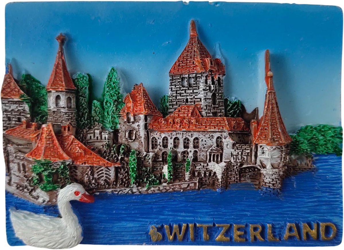 Koelkastmagneet Zwitserland Oberhofen - 3D souvenir - Zwaan en kasteel - Herinnering aan Zwitserland - ShopVlot