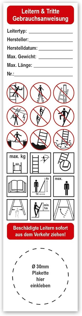 Gebruikaanwijzing stickers voor ladders en trappen 40 x 165 mm - waterdicht - zelfklevend - veilig gebruik en onderhoud - ShopVlot