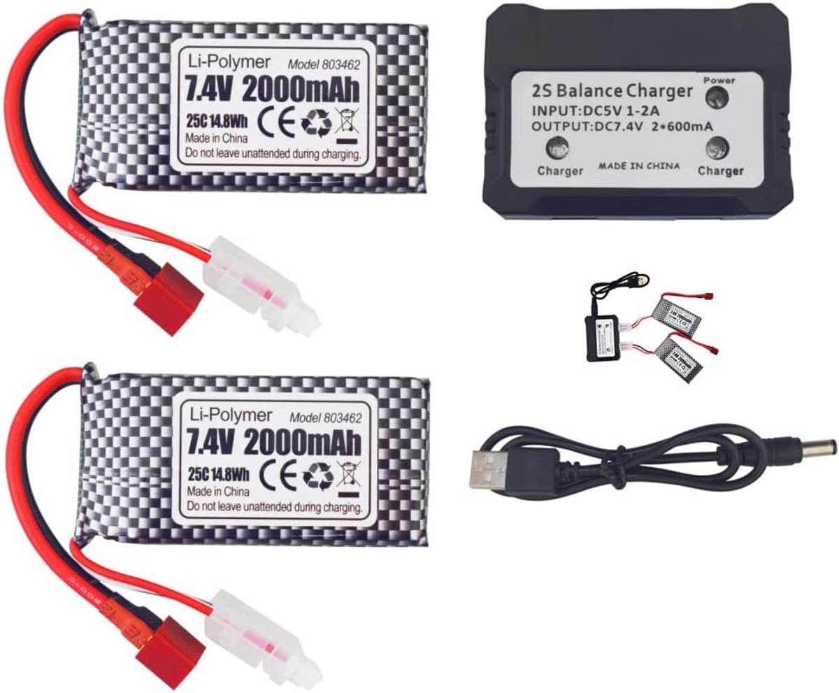2PCS 7.4V 2000mAh T-plug LiPo battery with 2in1 charger for 9203E 9204E 9205E 9206E 2995 YC300 HM101 25-DJ02 9125 S920 - ShopVlot