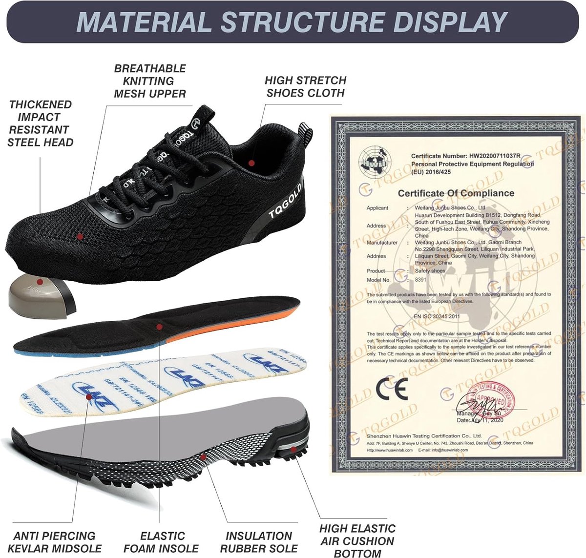 tqgold Safety Training, Work Shoes, Work Shoes with Steel Toe Cap, Breathable, Air Cushion, Lightweight, Non-Slip - ShopVlot