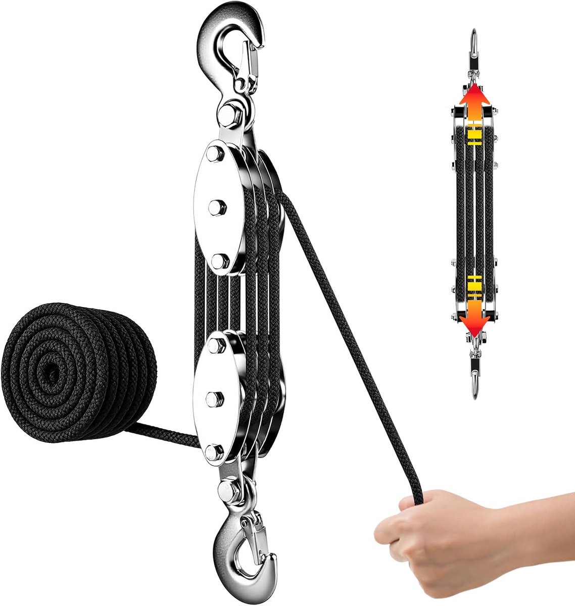 Pulley, Heavy Load, 4400 LB with 20 m Nylon Rope, Manual Hoist for Garage, Warehouse, Workshop, Powerful Lifting - ShopVlot