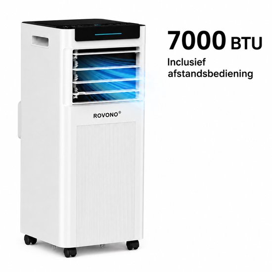Wit ROVONO mobiel airconditioningsysteem met 7000 BTU, inclusief afstandsbediening en wieltjes.