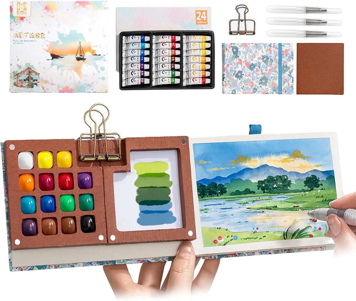 Mini Painting Set, Watercolour Set, Portable Watercolour Painting Travel Set with Binding Clips, Wood, 8 Grids - ShopVlot