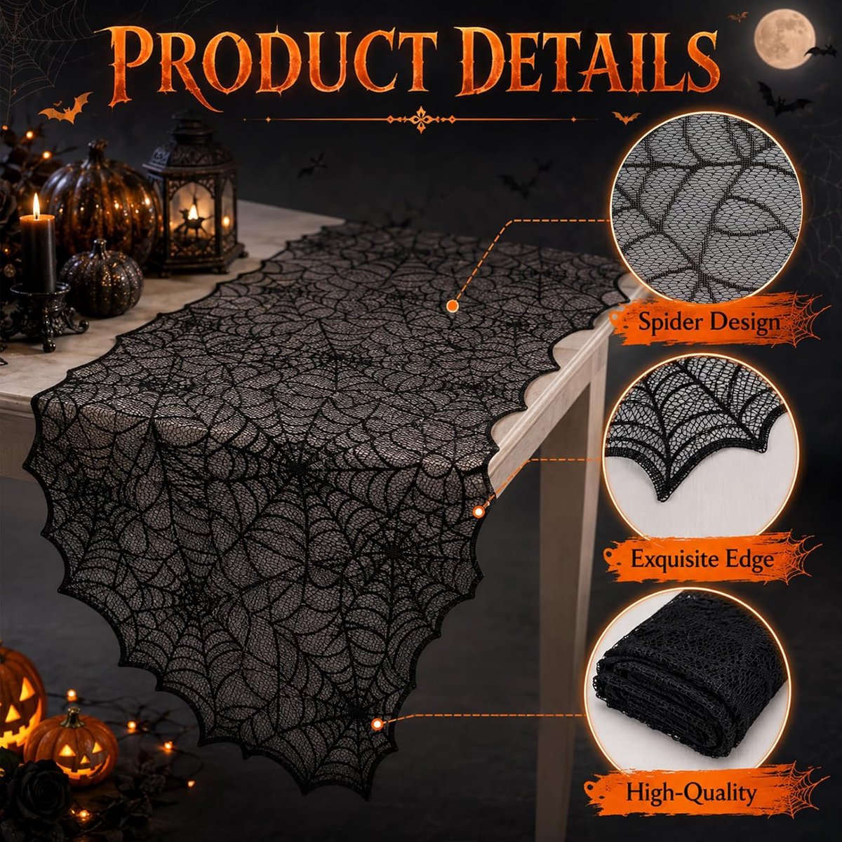 Halloween tafelloper, spinnenweb, 45 x 180 cm, kant, tafeldecoratie voor feestjes, herfst, decoratie voor binnen en - ShopVlot