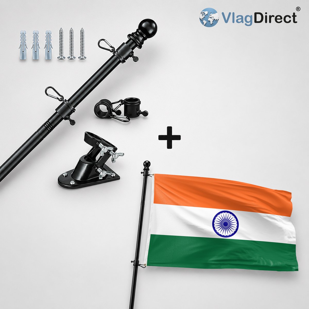 VlagDirect - Compleet vlaggenpakket - Zwarte vlaggenstok inclusief vlaggenstokhouder + Indiase vlag - India vlag - 90 x 150 cm.