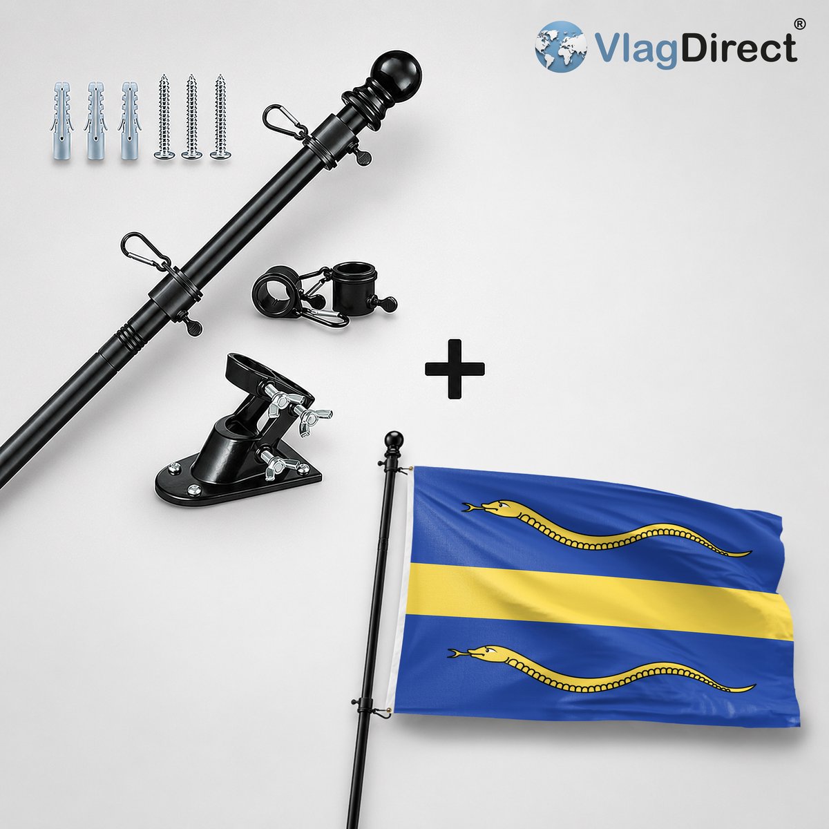 VlagDirect - Compleet vlaggenpakket - Zwarte vlaggenstok inclusief vlaggenstokhouder + Pijnacker-Nootdorp vlag - Gemeente Pijnacker-Nootdorp vlag - 90 x 150 cm.
