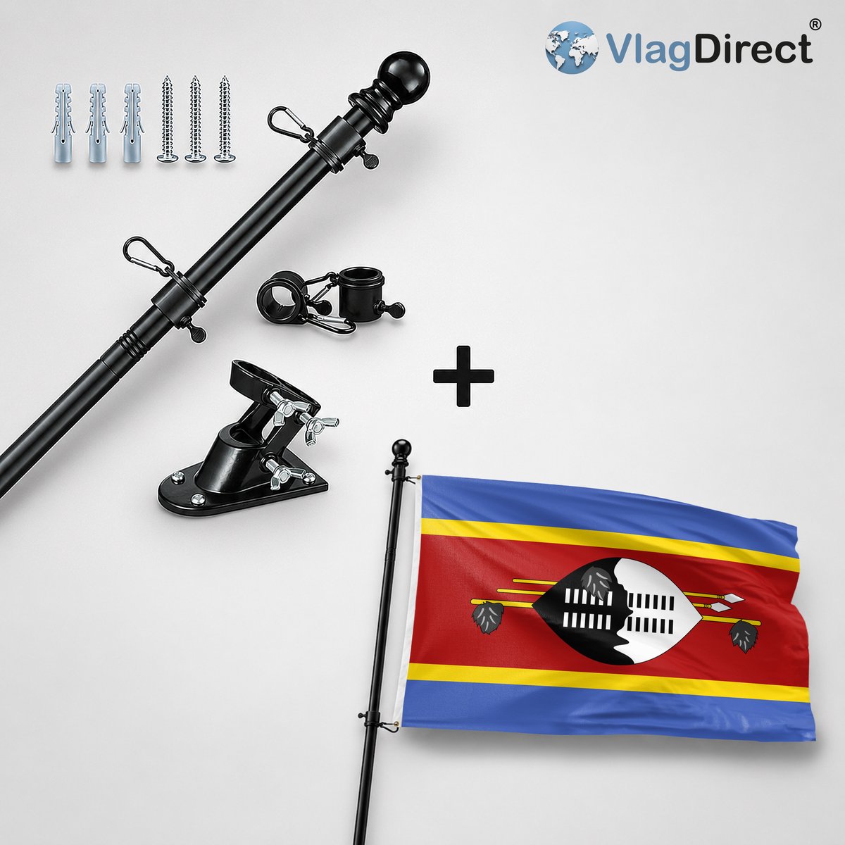 VlagDirect - Compleet vlaggenpakket - Zwarte vlaggenstok inclusief vlaggenstokhouder + Swazische vlag - Swaziland vlag - 90 x 150 cm
