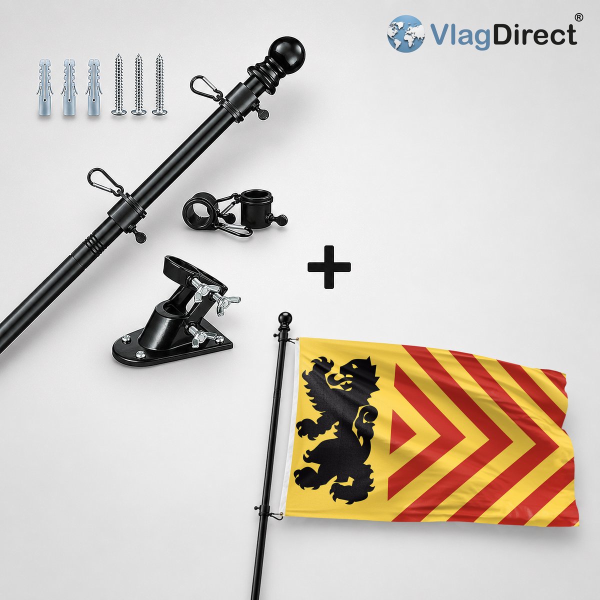 VlagDirect - Compleet vlaggenpakket - Zwarte vlaggenstok inclusief vlaggenstokhouder + Langedijk vlag - Gemeente Langedijk vlag - 90 x 150 cm.
