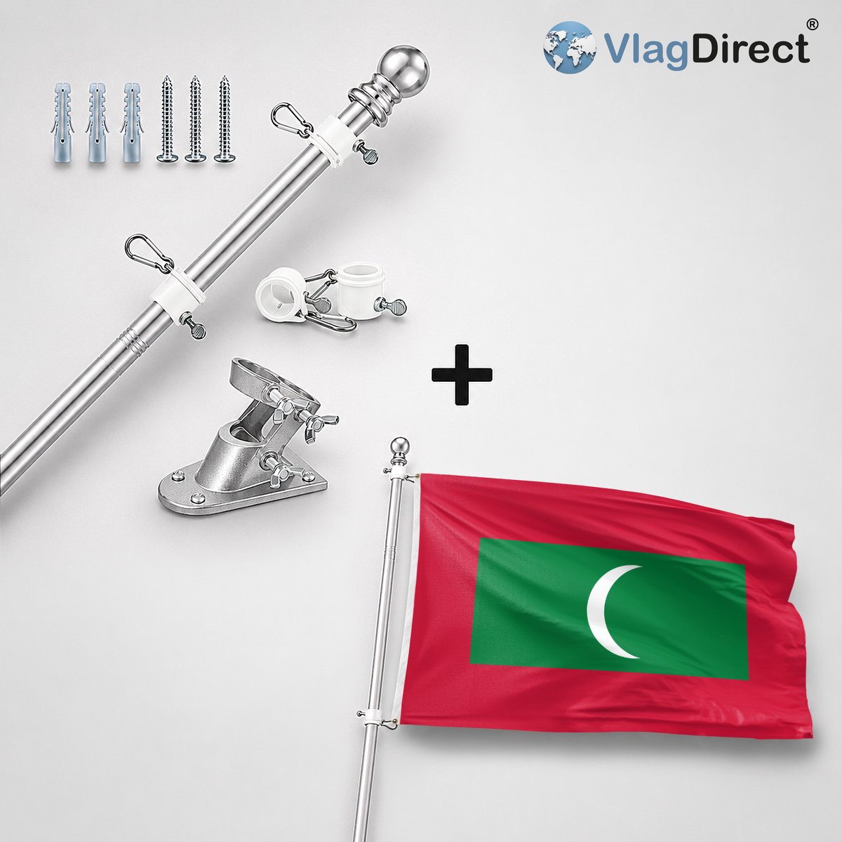 VlagDirect - Compleet vlaggenpakket - Zilveren vlaggenstok inclusief vlaggenstokhouder + Maldivische vlag - Malediven vlag - 90 x 150 cm