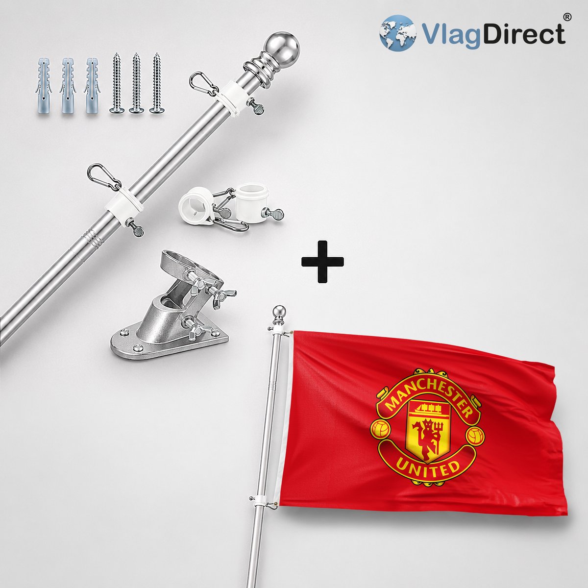 VlagDirect - Compleet vlaggenpakket - Zilveren vlaggenstok inclusief vlaggenstokhouder + Man United vlag - Manchester United vlag - 90 x 150 cm.
