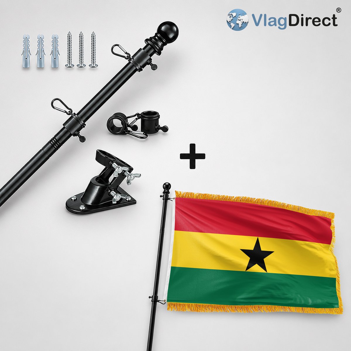 VlagDirect - Compleet vlaggenpakket - Zwarte vlaggenstok inclusief vlaggenstokhouder + Luxe Ghanese vlag - Luxe Ghana vlag - 90 x 150 cm - Franjes.
