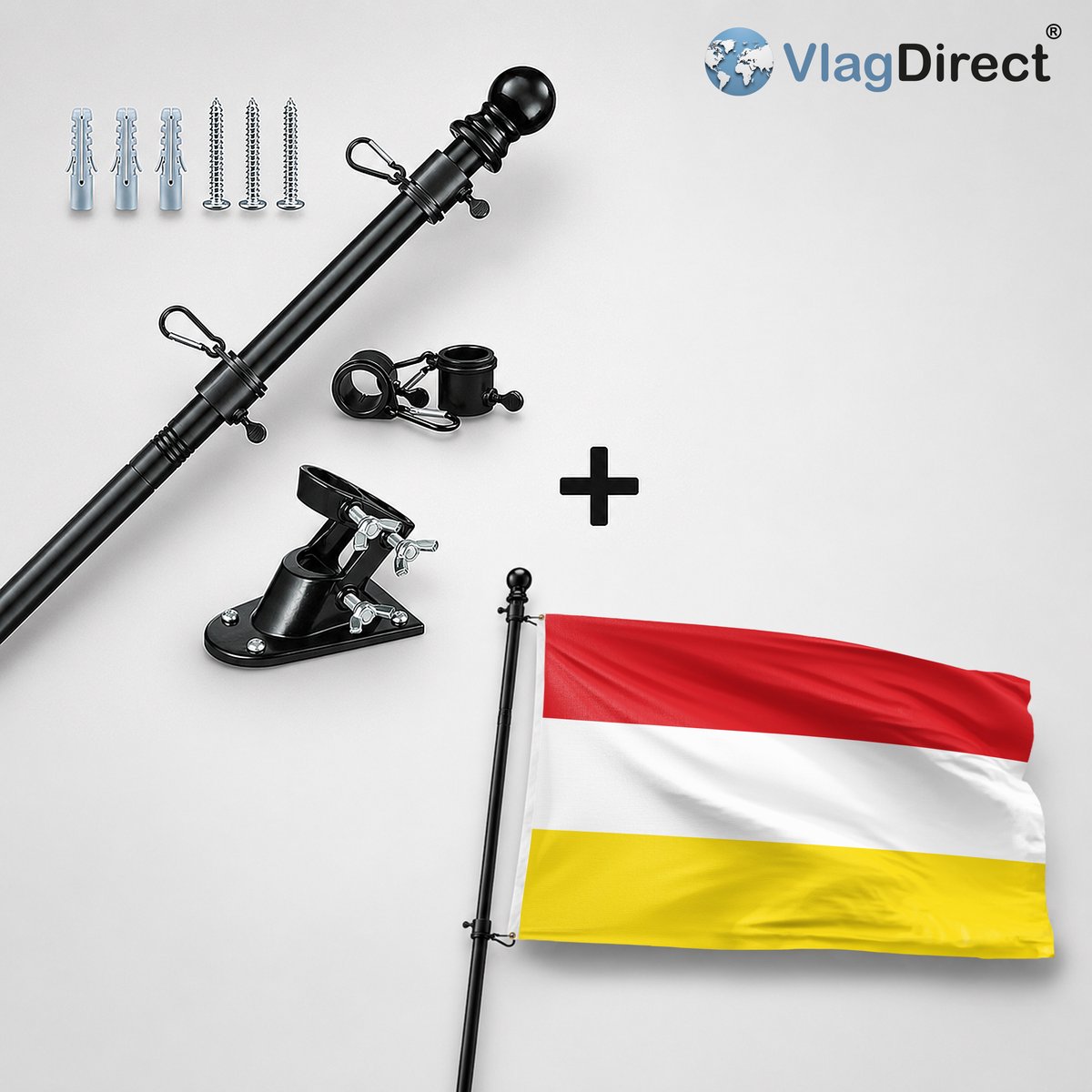 VlagDirect - Compleet vlaggenpakket - Zwarte vlaggenstok inclusief vlaggenstokhouder + Oeteldonkse Vlag - Oeteldonk Vlag - 90 x 150 cm.