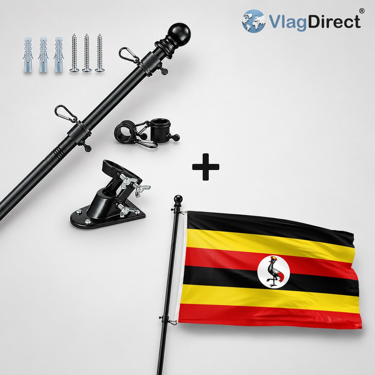 VlagDirect - Compleet vlaggenpakket - Zwarte vlaggenstok inclusief vlaggenstokhouder + Oegandese vlag - Oeganda vlag - Uganda vlag - 90 x 150 cm.