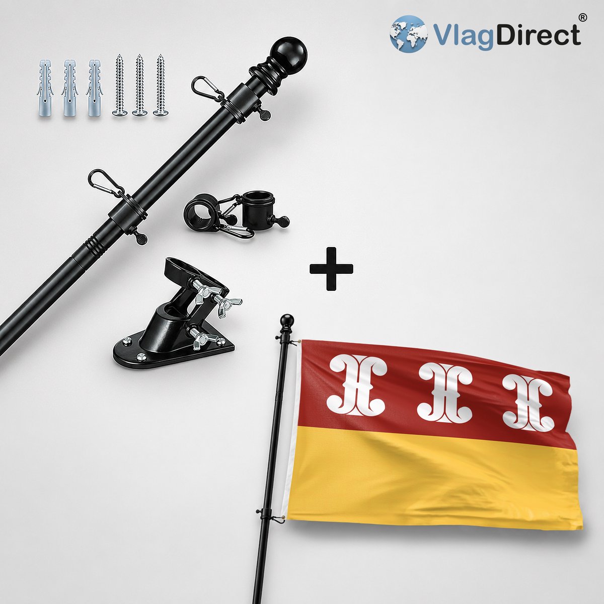 VlagDirect - Compleet vlaggenpakket - Zwarte vlaggenstok inclusief vlaggenstokhouder + Wijk bij Duurstede vlag - Gemeente Wijk bij Duurstede vlag - 90 x 150 cm.