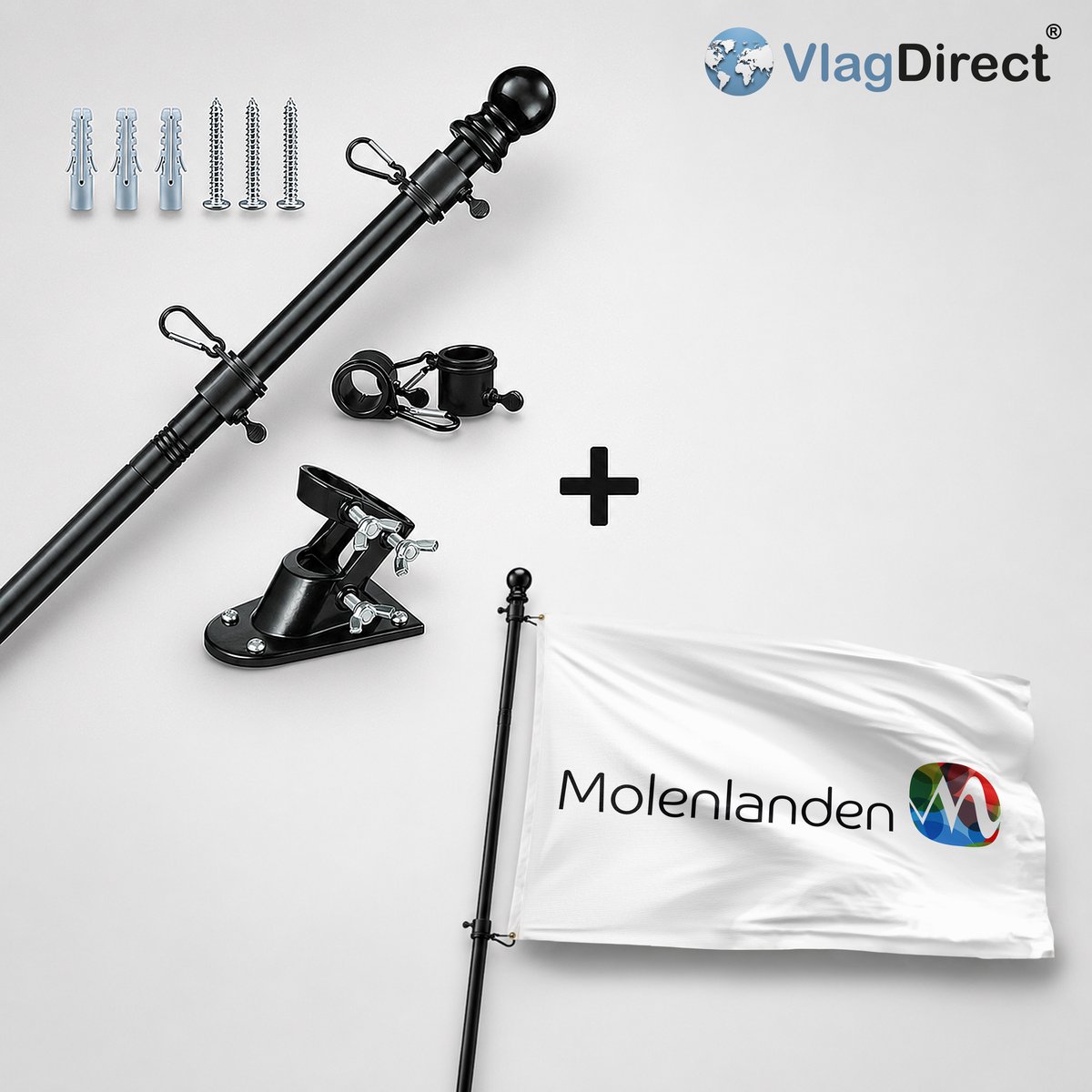 VlagDirect - Compleet vlaggenpakket - Zwarte vlaggenstok inclusief vlaggenstokhouder + Molenlanden vlag - Gemeente Molenlanden vlag - 90 x 150 cm.