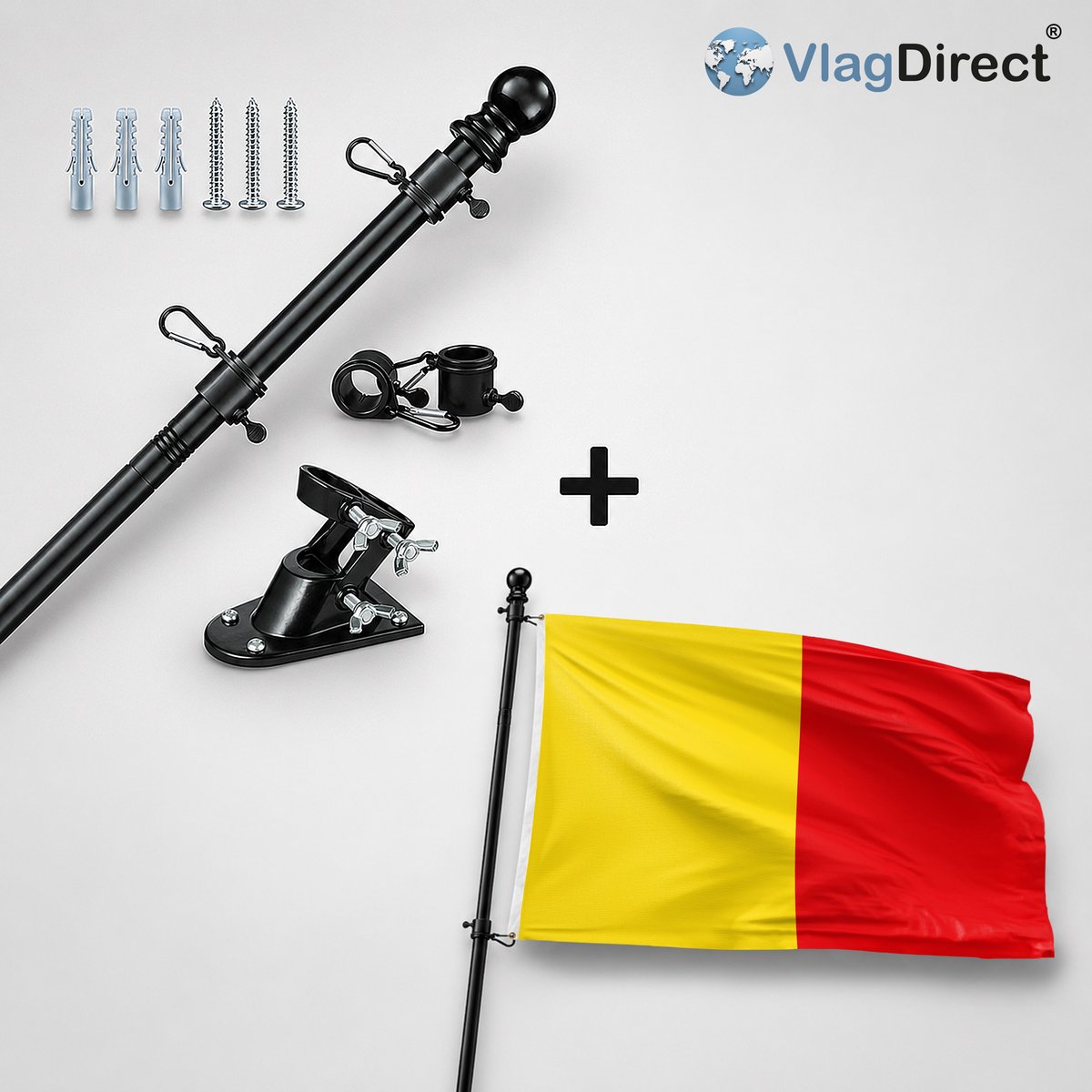 VlagDirect - Compleet vlaggenpakket - Zwarte vlaggenstok inclusief vlaggenstokhouder + Napolitaanse vlag - Napels vlag - 90 x 150 cm.