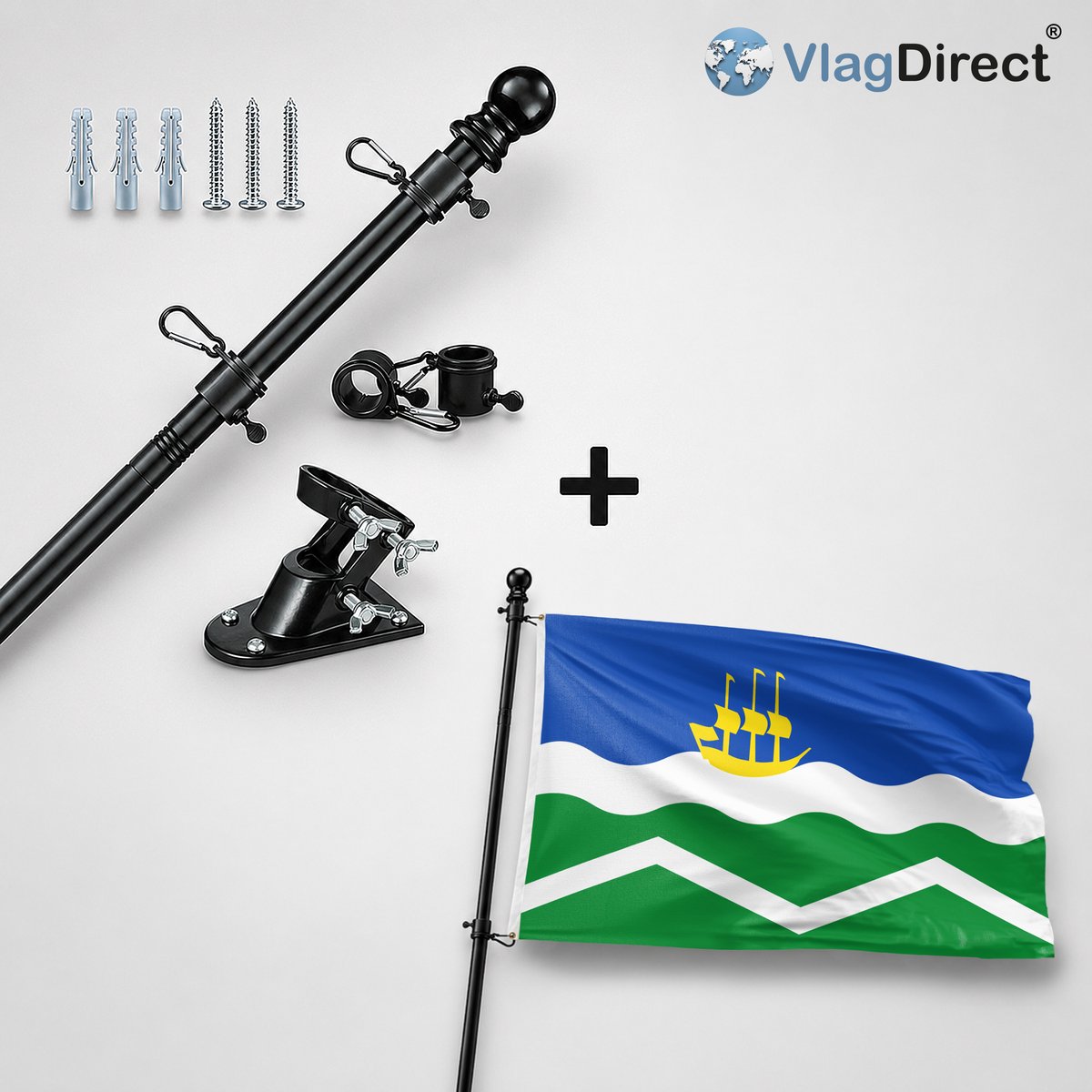 VlagDirect - Compleet vlaggenpakket - Zwarte vlaggenstok inclusief vlaggenstokhouder + Midden-Delfland vlag - Gemeente Midden-Delfland vlag - 90 x 150 cm.