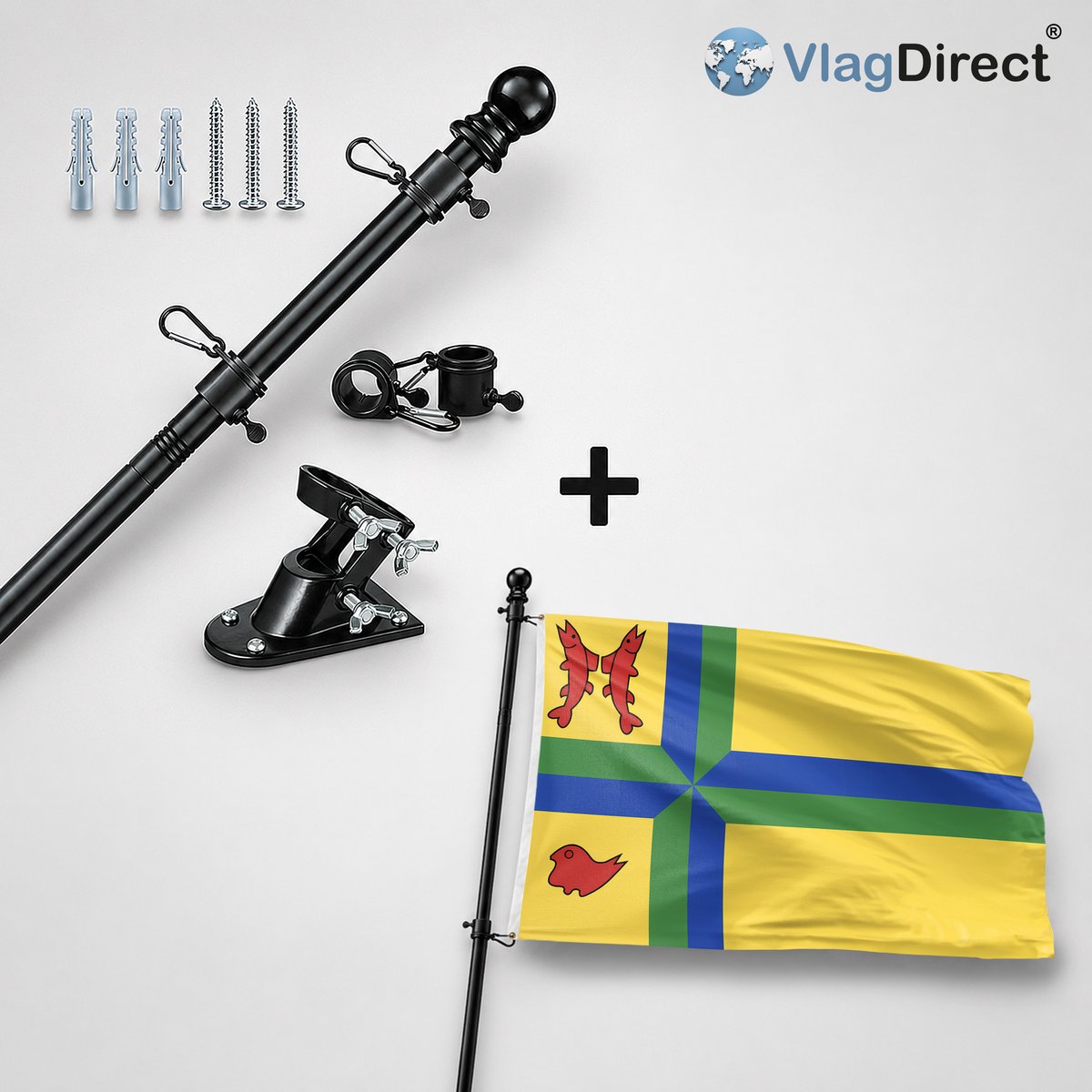 VlagDirect - Compleet vlaggenpakket - Zwarte vlaggenstok inclusief vlaggenstokhouder + Werkendam vlag - Gemeente Werkendam vlag - 90 x 150 cm.