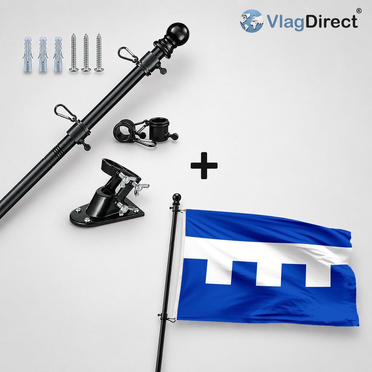 VlagDirect - Compleet vlaggenpakket - Zwarte vlaggenstok inclusief vlaggenstokhouder + Gemeente Rendeux vlag - 90 x 150 cm.