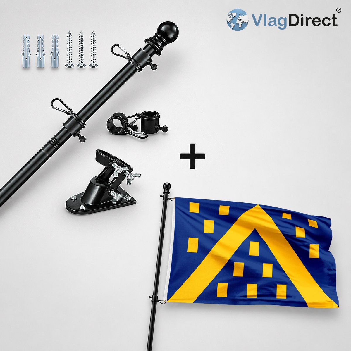VlagDirect - Compleet vlaggenpakket - Zwarte vlaggenstok inclusief vlaggenstokhouder + Kampenhoutse vlag - Gemeente Kampenhout vlag - 90 x 150 cm.
