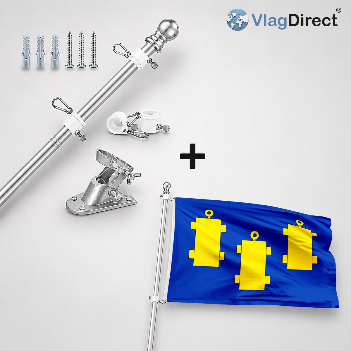 VlagDirect - Compleet vlaggenpakket - Zilveren vlaggenstok inclusief vlaggenstokhouder + Schelse vlag - Gemeente Schelle vlag - 90 x 150 cm.
