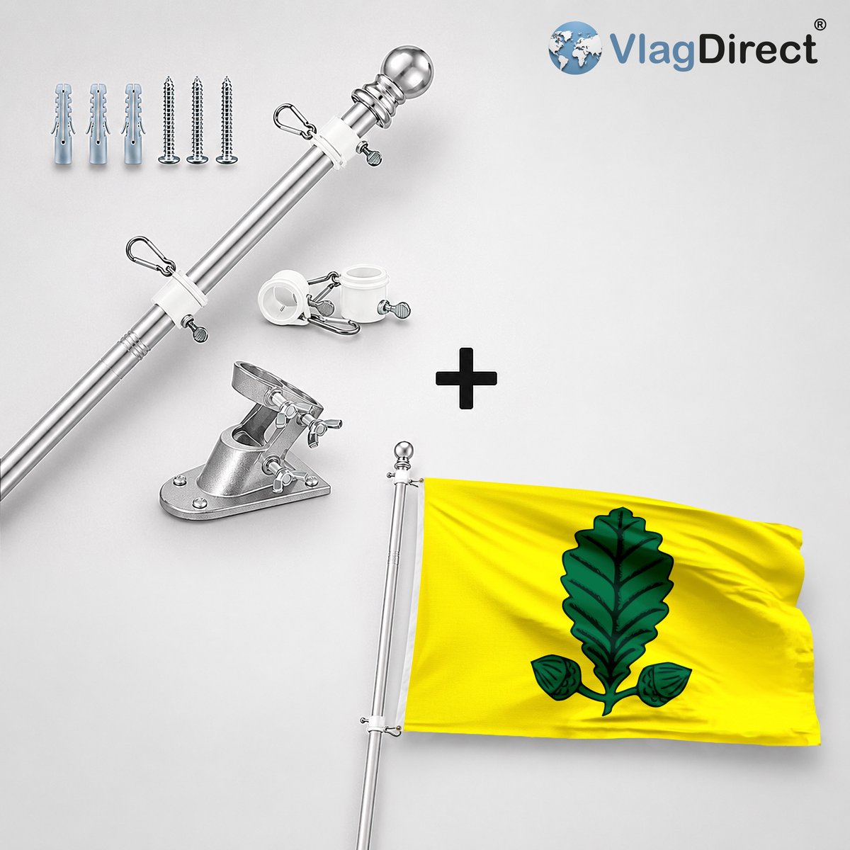 VlagDirect - Compleet vlaggenpakket - Zilveren vlaggenstok inclusief vlaggenstokhouder + Heusden-Zolderse vlag - Gemeente Heusden-Zolder vlag - 90 x 150 cm.